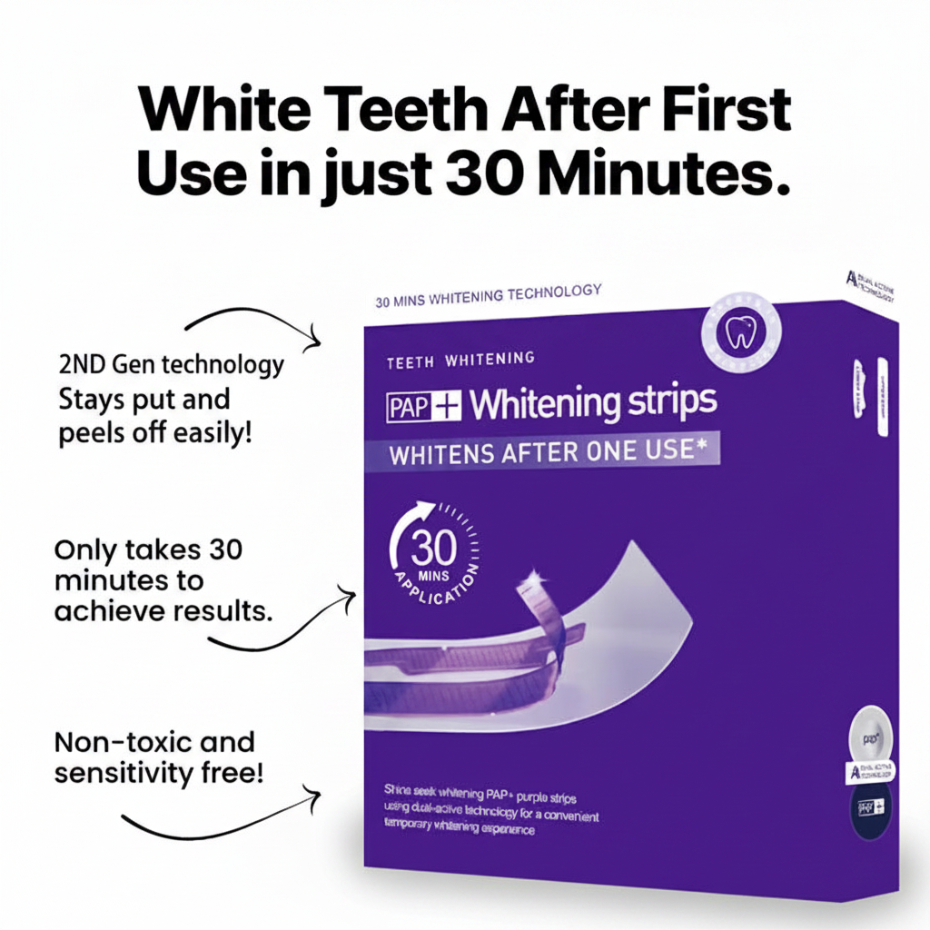 PAP+ Whitening Strips White Background Black Text